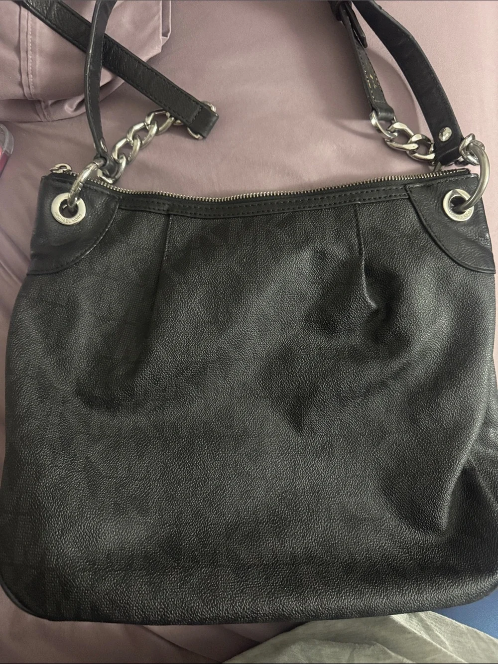 Michael Kors Black Logo-Print Leather Shoulder Bag with Silver Hardware